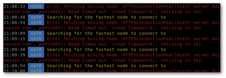 DUCO: Error message 'Server Timeout', (host='server.duinocoin.com', port=443)